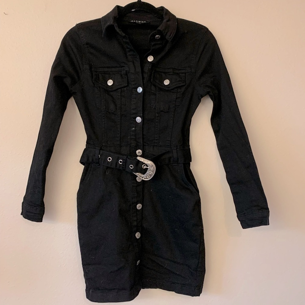 Parisian black button up denim long sleeve mini dress (US 6/UK 10)